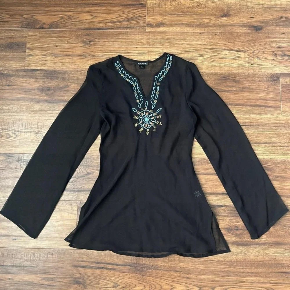 Sirens Y2K Sheer Black Beaded Blouse Women Small Fairy Boho Whimsygoth Going Out - Picture 2 of 8